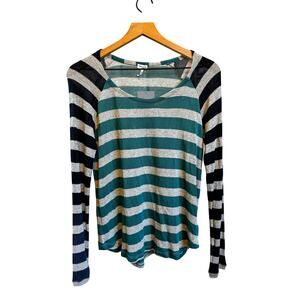 Splendid Top Long Raglan Sleeves Striped Scoop Neck and Hem Teal Navy Gray Large